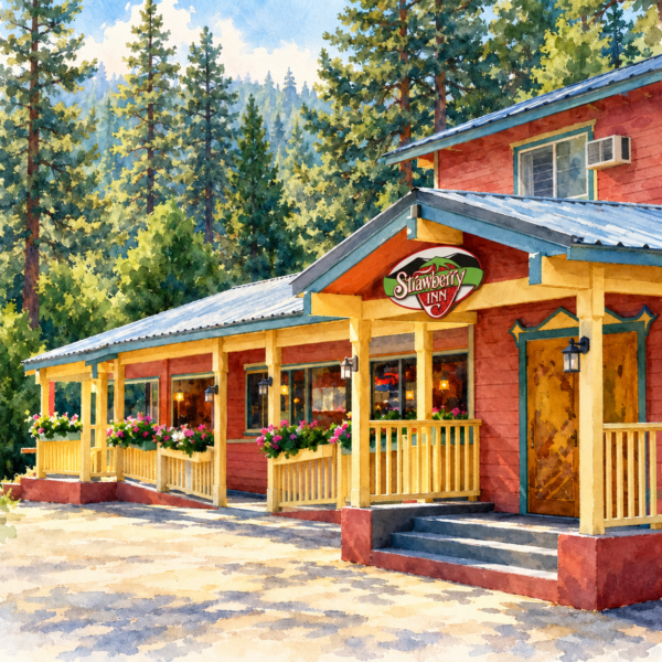 Watercolor illustration of Strawberry Inn with its original logo above the porch