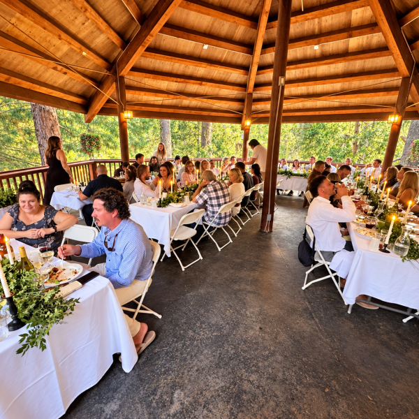 Guests dining at a wedding reception beneath the Strawberry Inn gazebo in the forest